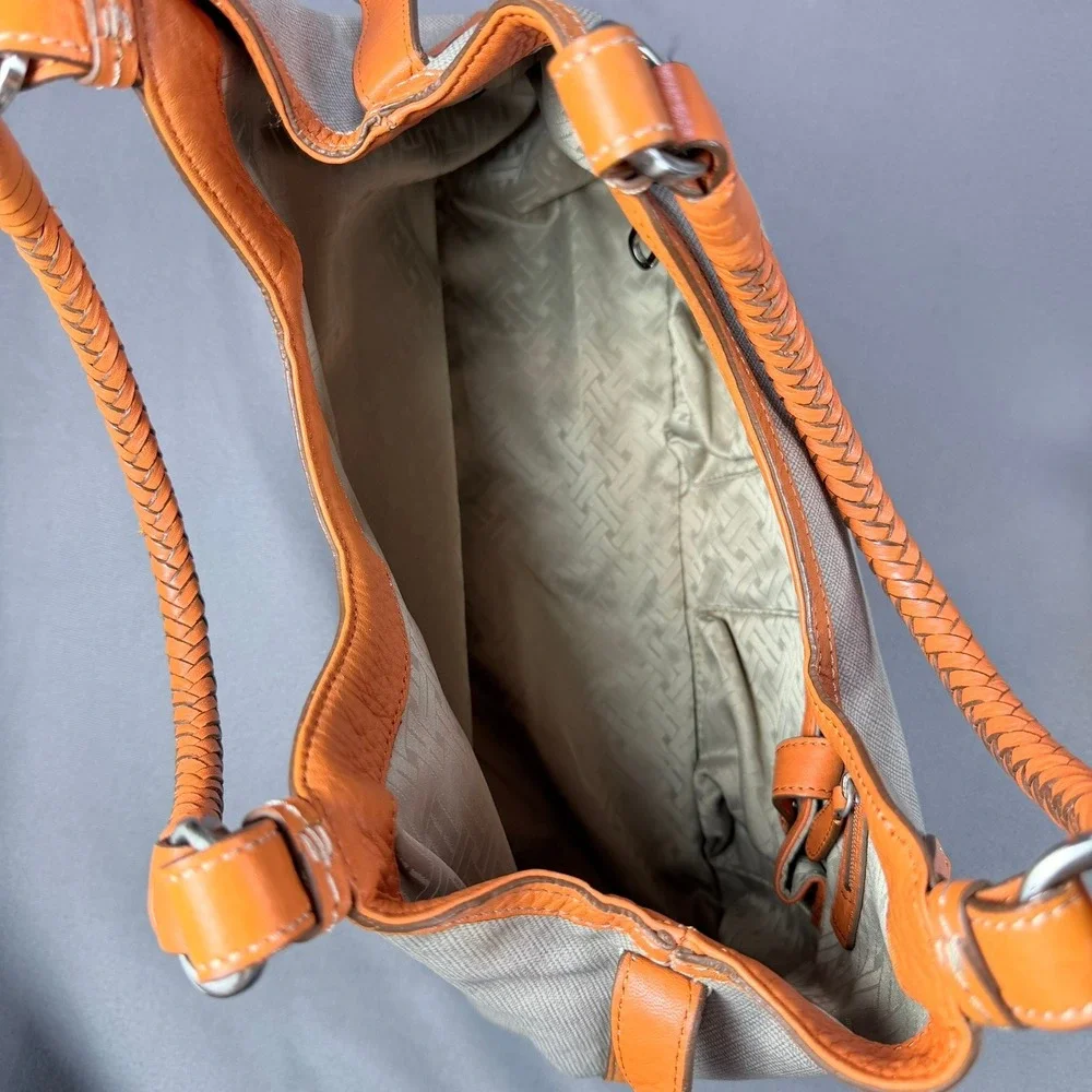Cole Haan Genevieve Hobo Bag Canvas‎ Leather Orange Tan Large Braided Silver HW